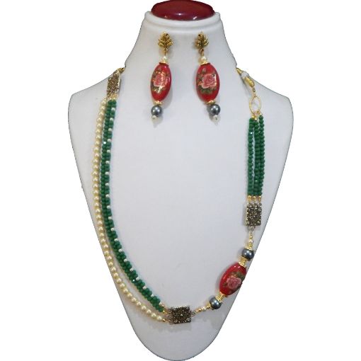 Multi Line Crystal Beads with Printed Glass beads Necklace