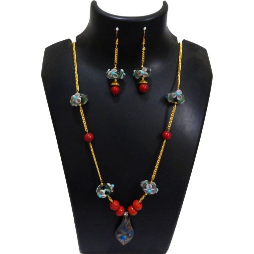 Lamwork beads long metal chain Necklace